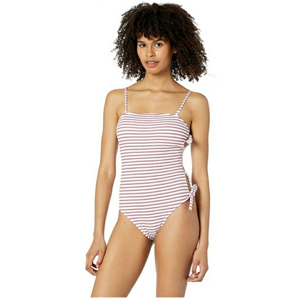 NWT Roxy Chasing Love Red White Stripe Smocked One Piece Swimsuit XS